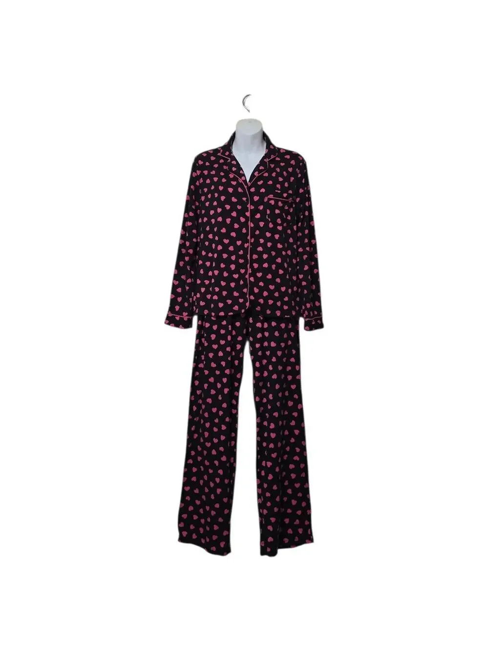 Kate Spade Pink Hearts Long Sleeve Notch Collar Long Pajama Set Sz S